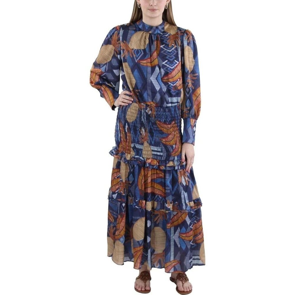 CQ by CQ Womens Small Blue Orange Print Tiered Smocked Boho Maxi Dress NEW